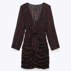 Zara Heart Print Mini Dress Ruched Long Sleeve V-Neck Party Dress